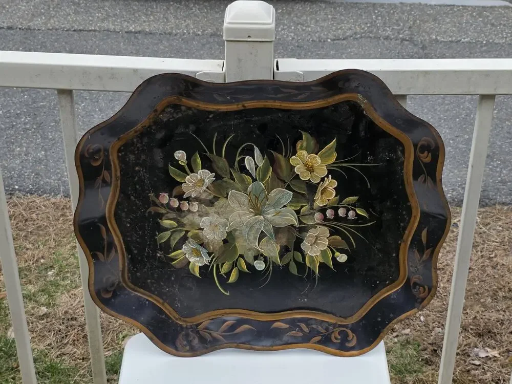Antique Victorian Tole Tray Big! Easter Lily Hand Painted Incredible Detail! Art